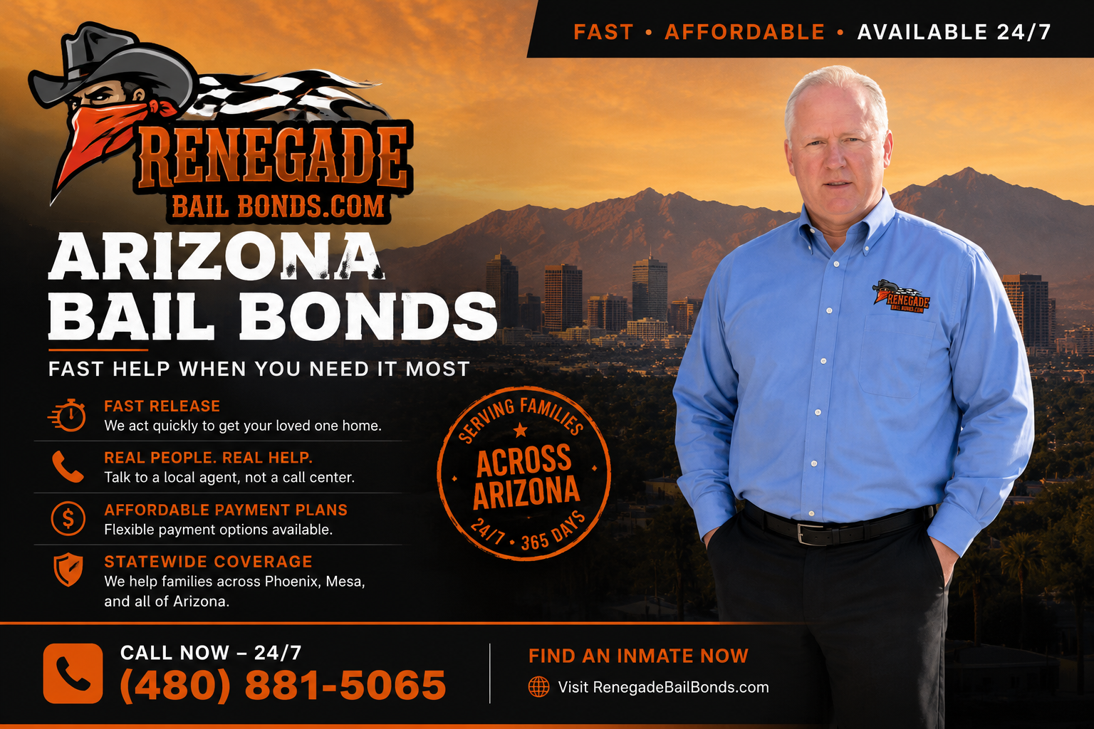 Renegade Bail Bonds flyer — fast, affordable, available 24/7 across Arizona